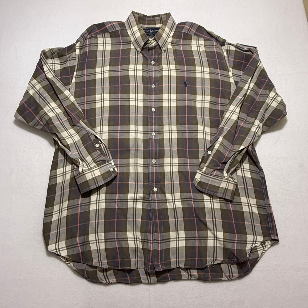 Ralph Lauren Blake Mens XXL Plaid Button Down Shirt Olive Distressed Cotton